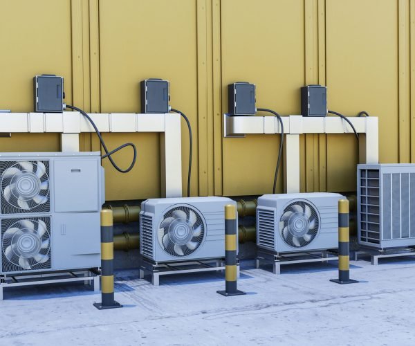 close up heat pump outside home