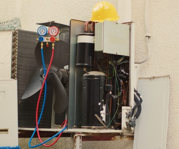 Tilt up shot of out of service condenser unit with protection cover removed in need of fixing, with damaged electric internal parts. Outside HVAC system not working anymore, ready to be fixed